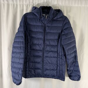 Heatkeep Down Feathers Puffer Jacket Women's Large Blue Full Zip Hooded Pockets